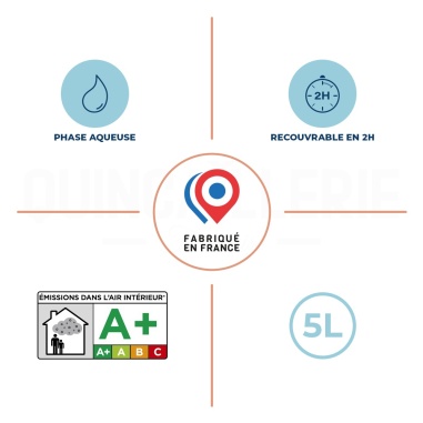 Phase aqueuse, recouvrable en 2 heures, émissions dans l'air intérieur A+, Fabriqué en France.