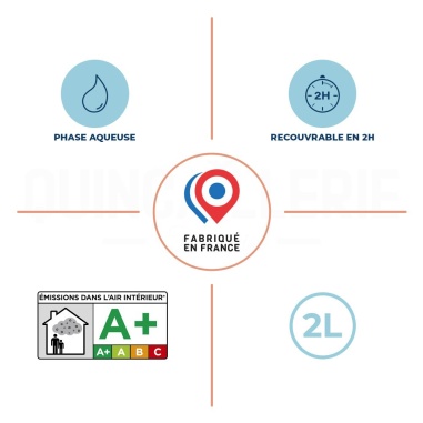 Phase aqueuse, recouvrable en 2 heures, émissions dans l'air intérieur A+, Fabriqué en France.