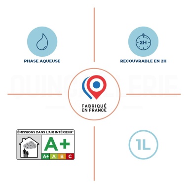 Phase aqueuse, recouvrable en 2 heures, émissions dans l'air intérieur A+, Fabriqué en France.