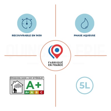 Recouvrable en 1h30, phase aqueuse, émissions dans l'air intérieur A+, fabriqué en France