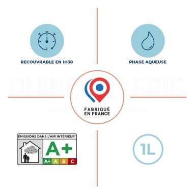Recouvrable en 1h30, phase aqueuse, émissions dans l'air intérieur A+, fabriqué en France
