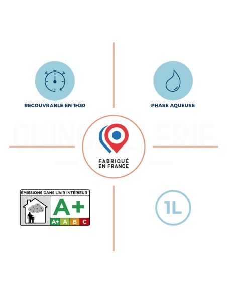 Recouvrable en 1h30, phase aqueuse, émissions dans l'air intérieur A+, fabriqué en France
