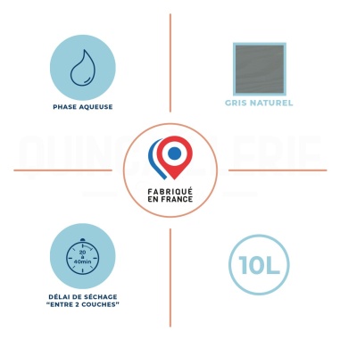 Phase aqueuse, délai de séchage entre 2 couches 20 à 40 minutes, 10 litre, gris naturel, fabriqué en France