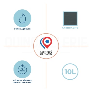Phase aqueuse, délai de séchage entre 2 couches 20 à 40 minutes, 10 litre, anthracite, fabriqué en France
