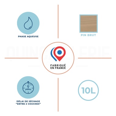Phase aqueuse, délai de séchage entre 2 couches 20 à 40 minutes, 10 litre, pin brut, fabriqué en France