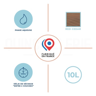 Phase aqueuse, délai de séchage entre 2 couches 20 à 40 minutes, 10 litre, red cedar, fabriqué en France