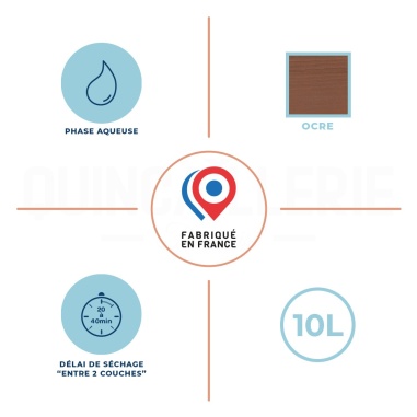 Phase aqueuse, délai de séchage entre 2 couches 20 à 40 minutes, 10 litre, ocre, fabriqué en France
