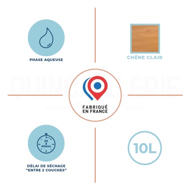 Phase aqueuse, délai de séchage entre 2 couches 20 à 40 minutes, 10 litre, Chêne clair, fabriqué en France
