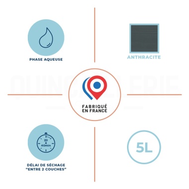 Phase aqueuse, délai de séchage entre 2 couches 20 à 40 minutes, 5 litre, Anthracite, fabriqué en France