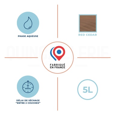 Phase aqueuse, délai de séchage entre 2 couches 20 à 40 minutes, 5 litre, Red cedar, fabriqué en France