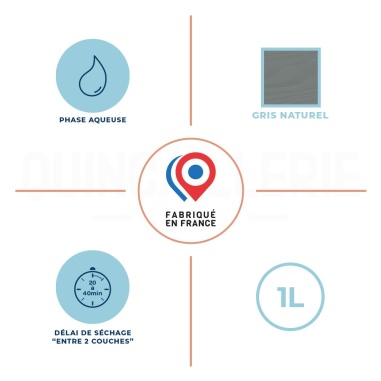 Phase aqueuse, délai de séchage entre 2 couches 20 à 40 minutes, 1litre, Gris naturel, fabriqué en France
