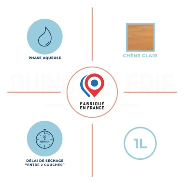 Phase aqueuse, délai de séchage entre 2 couches 20 à 40 minutes, 1litre, Chêne clair, fabriqué en France