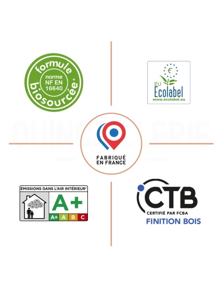 Formule Biosourcée, EU Ecolabel, Certifié par FCBA, Émissions dans l'air intérieur A+, Fabriqué en France