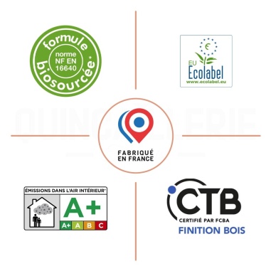 Label : Fabriqué en France, Formule biosourcée, Eu Ecolabel, CTB, Émission A+