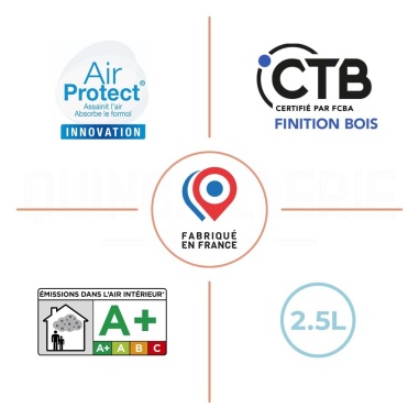 CTB Certifié par FCBA Finition Bois, Air Protect Assainit l'air Absorbe le formol, Émissions dans l'air intérieur A+