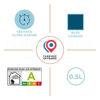 Caractéristiques de la Peinture pour rénovation cuisine et bains couleur bleu canard 0,5L Blanchon