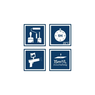 Pictos : application; temps de séchage; application pistolet; 15m²/l/couche