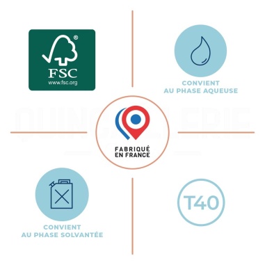 Pictos : Label FSC; convient au phase aqueuse; convient au phase solvantée; fabriqué en France
