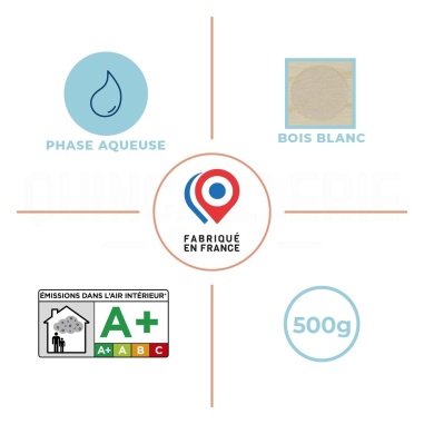 Pictos des caractéristiques du Mastic bois poudre - Mastic bois poudre bois blanc 500g - Plancher / Chevron / Poutre