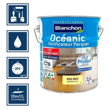 Pictos : application au pinceau, au rouleau ou au spalter / Séchage en 2h 20°C / Nettoyage ustensiles à l'eau / Rendement 10m²/l