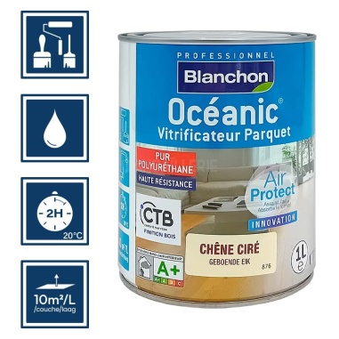Pictos : application au pinceau, au rouleau ou au spalter / Séchage en 2h 20°C / Nettoyage ustensiles à l'eau / Rendement 10m²/l