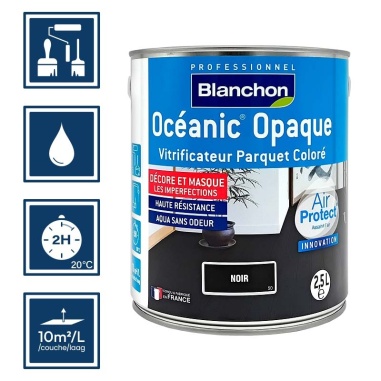 Pictos : application au pinceau, au rouleau ou au spalter / Séchage en 2h 20°C / Nettoyage ustensiles à l'eau / Rendement 10m²/l