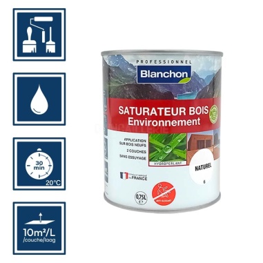 Pictos : application; temps de séchage 30 min; nettoyage à l'eau; 10m²/l/couche