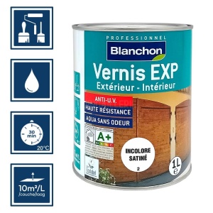 Vernis incolore satiné pour bois extérieur ou intérieur EXP Blanchon 1L 2