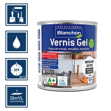 Pictos : application; temps de séchage 2h; nettoyage ustensiles à l'eau; rendement 12m²/l/couches