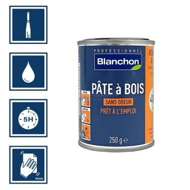 Pictos : application spatule; recouvrable aprÚs 5h; nettoyage ustensiles à l'eau; ponçage aprÚs 40 mn