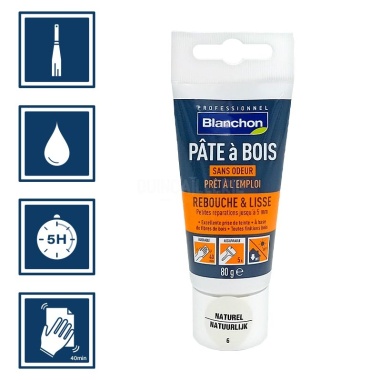 Pictos : application spatule; recouvrable après 5h; nettoyage ustensiles à l'eau; ponçage après 40 mn