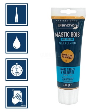 Pictos : application avec spatule; recouvrable entre 3 à 16h; nettoyage ustensile à l'eau; ponçage