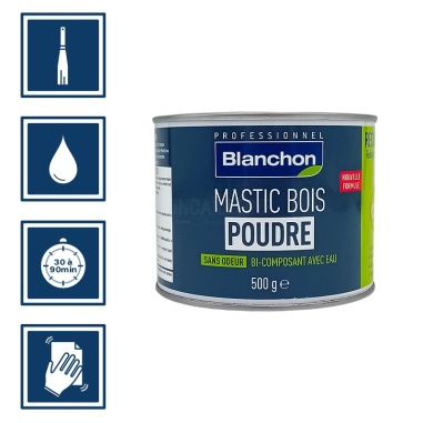 Pictos : application à la spatule, temps de séchage entre 30 à 90 minutes, nettoyage des ustensiles à l'eau, poncer