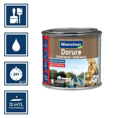 Pictos : application pinceaux; recouvrable 3h; nettoyage ustensiles à l'eau; rendement 12m²/l/couche