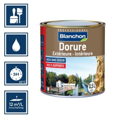 Pictos : application pinceaux; recouvrable 3h; nettoyage ustensiles à l'eau; rendement 12m²/l/couche