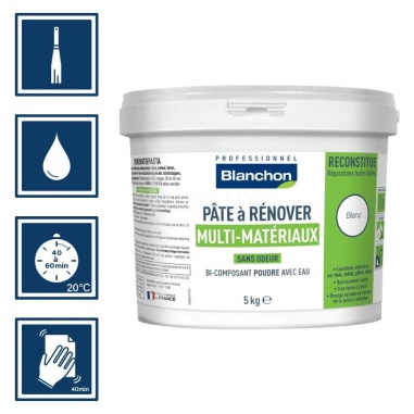 Pictos : application avec spatule; recouvrable après 40 à 60min; nettoyage ustensiles à l'eau; poncer après 40min