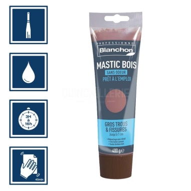 Pictos : application avec spatule; recouvrable entre 3 à 16h; nettoyage ustensile à l'eau; ponçage