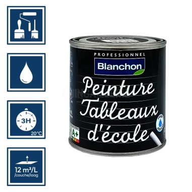 Pictos : application pinceaux rouleaux; recouvrable 3h; nettoyage ustensiles à l'eau; rendement 12m²/l/couche
