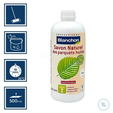 Pictos : application balai micro-fibre; séchage 15min; un demi dosage dans 5l eau; rendement 500m²/l