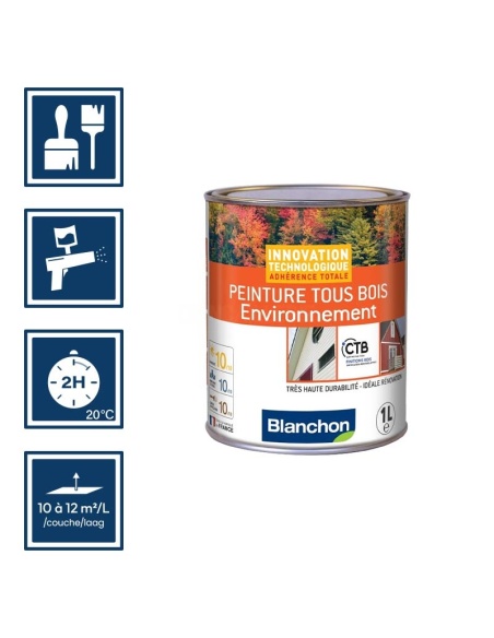 Pictos : application pinceaux; recouvrable 2h; utilisation pistolet; rendement 10 à 12m²/l/couche