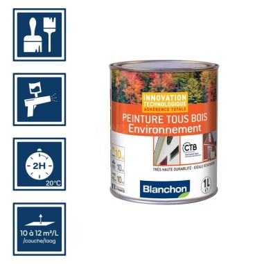 Pictos : application pinceaux; recouvrable 2h; utilisation pistolet; rendement 10 à 12m²/l/couche