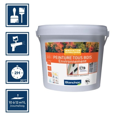 Pictos : application pinceaux; recouvrable 2h; utilisation pistolet; rendement 10 à 12m²/l/couche