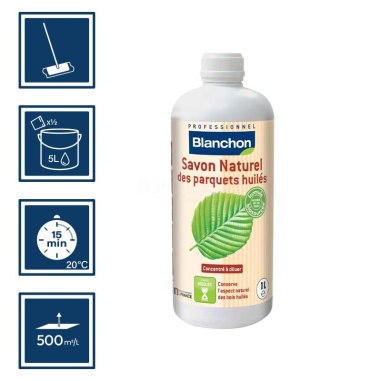 Pictos : application balai micro-fibre; séchage 15min; un demi dosage dans 5l eau; rendement 500m²/l