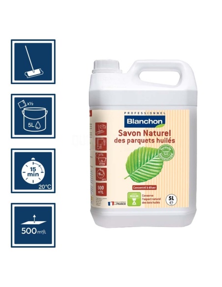 Pictos : application balai micro-fibre; séchage 15min; un demi dosage dans 5l eau; rendement 500m²/l