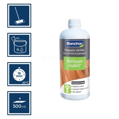 Pictos : application balais micro fibre; séchage 15min; 2 dosage dans 5l eau; nettoyage ustensiles à l'eau