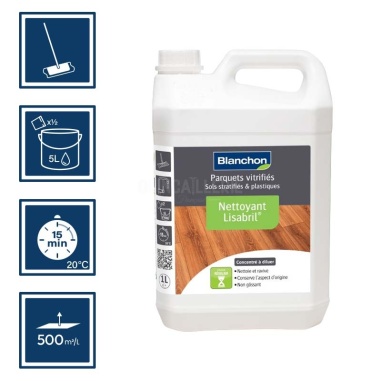 Pictos : application balais micro fibre; séchage 15min; 2 dosage dans 5l eau; nettoyage ustensiles à l'eau