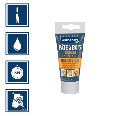 Pictos : application spatule; recouvrable aprÚs 5h; nettoyage ustensiles à l'eau; ponçage aprÚs 40 mn