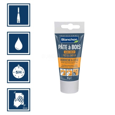 Pictos : application spatule; recouvrable aprÚs 5h; nettoyage ustensiles à l'eau; ponçage aprÚs 40 mn