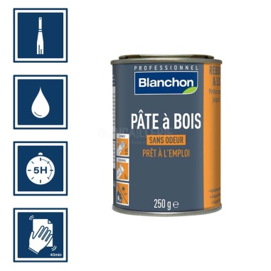 Pictos : application spatule; recouvrable aprÚs 5h; nettoyage ustensiles à l'eau; ponçage aprÚs 40 mn