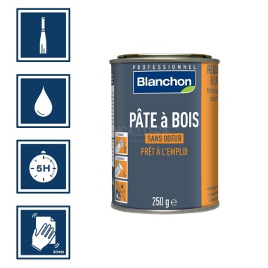 Pictos : application spatule; recouvrable aprÚs 5h; nettoyage ustensiles à l'eau; ponçage aprÚs 40 mn